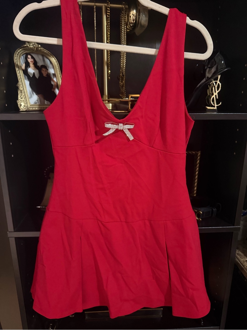Rhinestone Bow Red Sleeveless Mini Dress